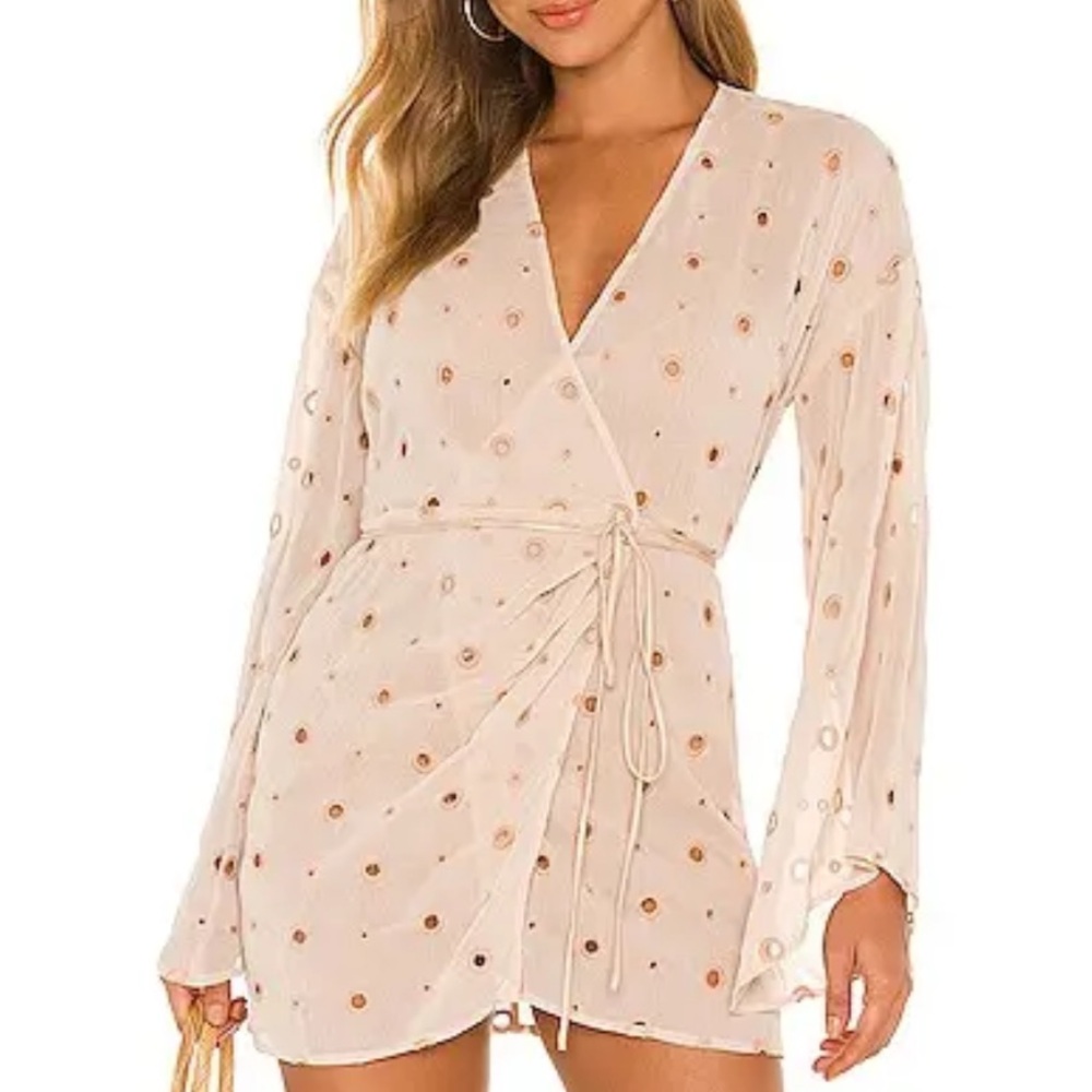 REVOLVE Cream Polka Dot Mini Dress Isabella Kimono Wrap Dress pool cover-up
